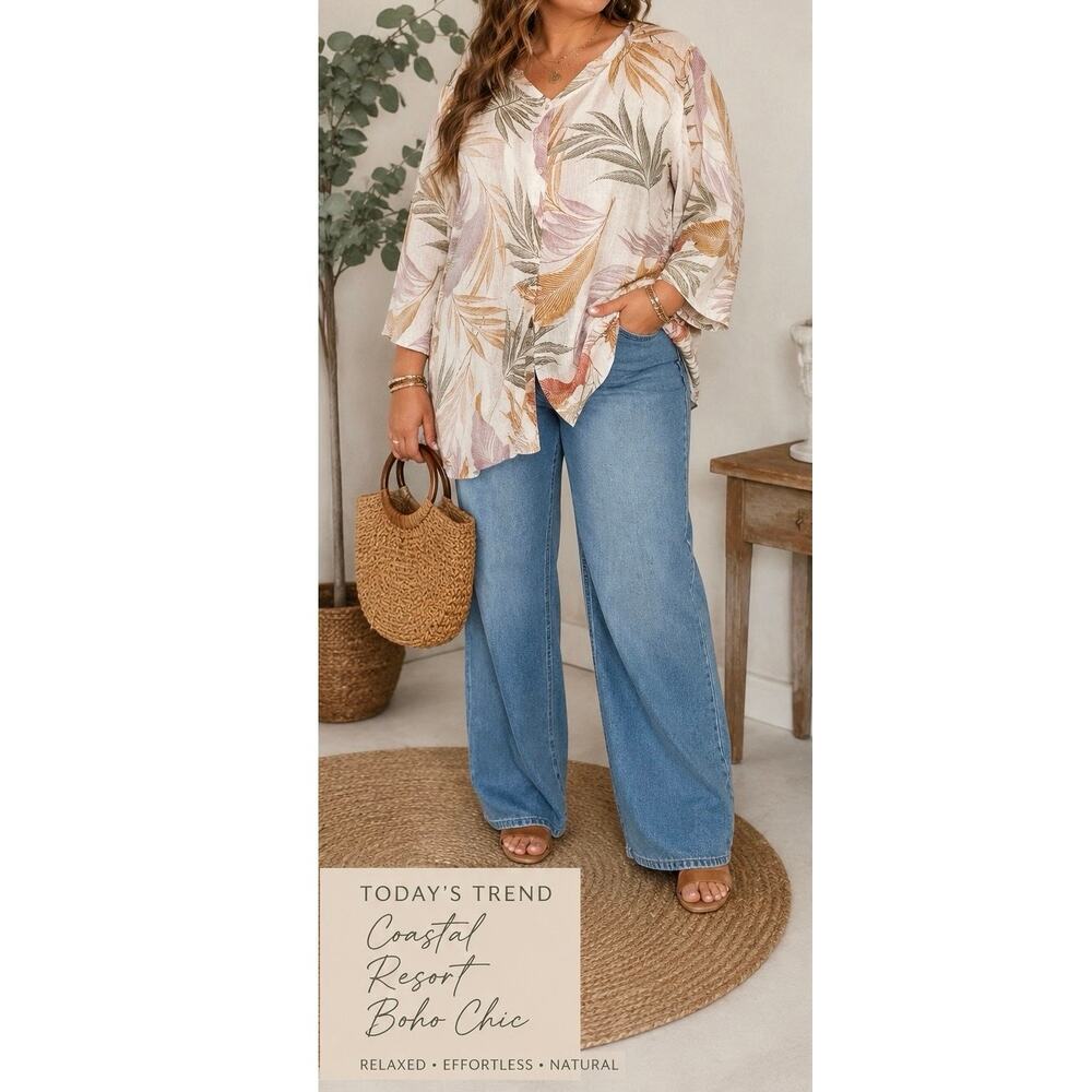 Tahari 3X Plus 100% Linen Tropical Leaf Print Tunic Top Boho Coastal Resort